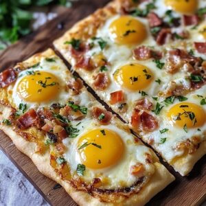 "Homemade Breakfast Pizza Topped with Fresh Ingredients" 